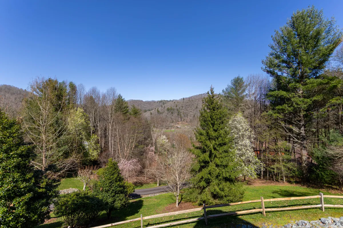 This image showcases sweeping views of lush greenery and distant mountains under a wide blue sky. The tranquil scene is ideal for outdoor activities like hiking, picnicking, and bird watching. The image conveys a sense of peace and the natural beauty that surrounds Whispering Willow.